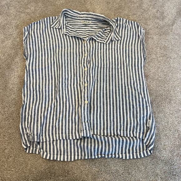 Orvis Women's Linen Button Down Shortsleeve Top Blue White Stripes Size S - Picture 7 of 9